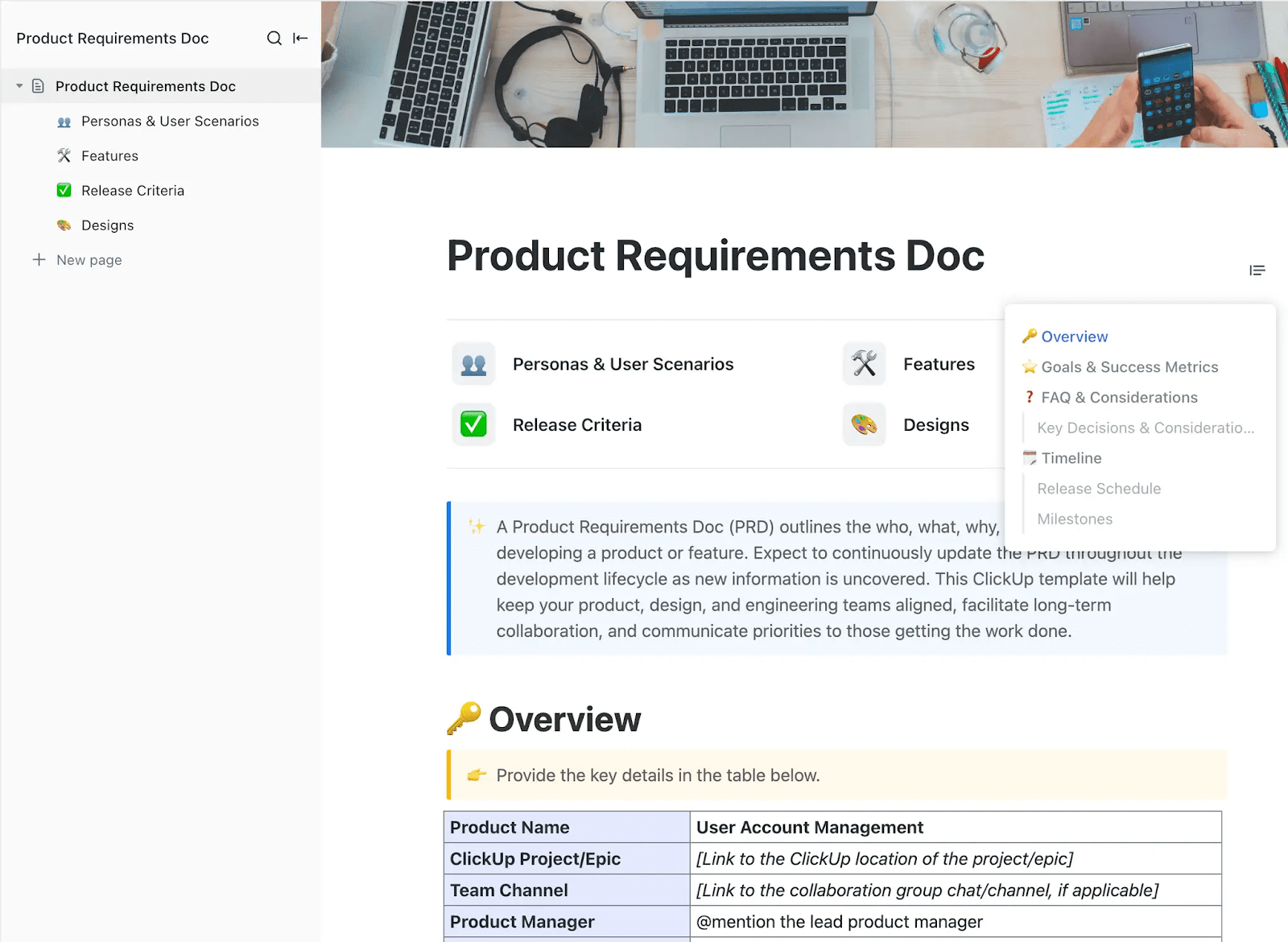 Outline the who, what, why, when, and how of developing a product or feature with ClickUp’s Product Requirements Doc Template
