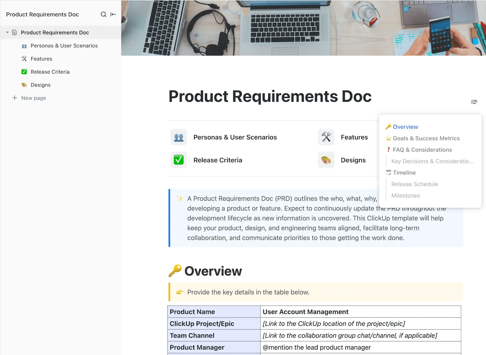 Delineate il chi, il cosa, il perché, il quando e il come dello sviluppo di un prodotto o di una funzionalità con il modello Product Requirements Doc di ClickUp