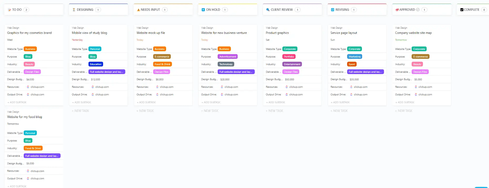 Menetapkan alur kerja proses desain untuk membuat semua pemangku kepentingan berada di halaman yang sama melalui Templat Rencana Proyek Desain Situs Web ClickUp