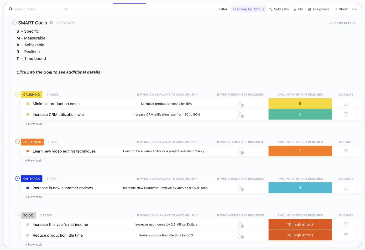 Definieer uw doelstellingen en visualiseer uw voortgang met het sjabloon SMART doelen van ClickUp