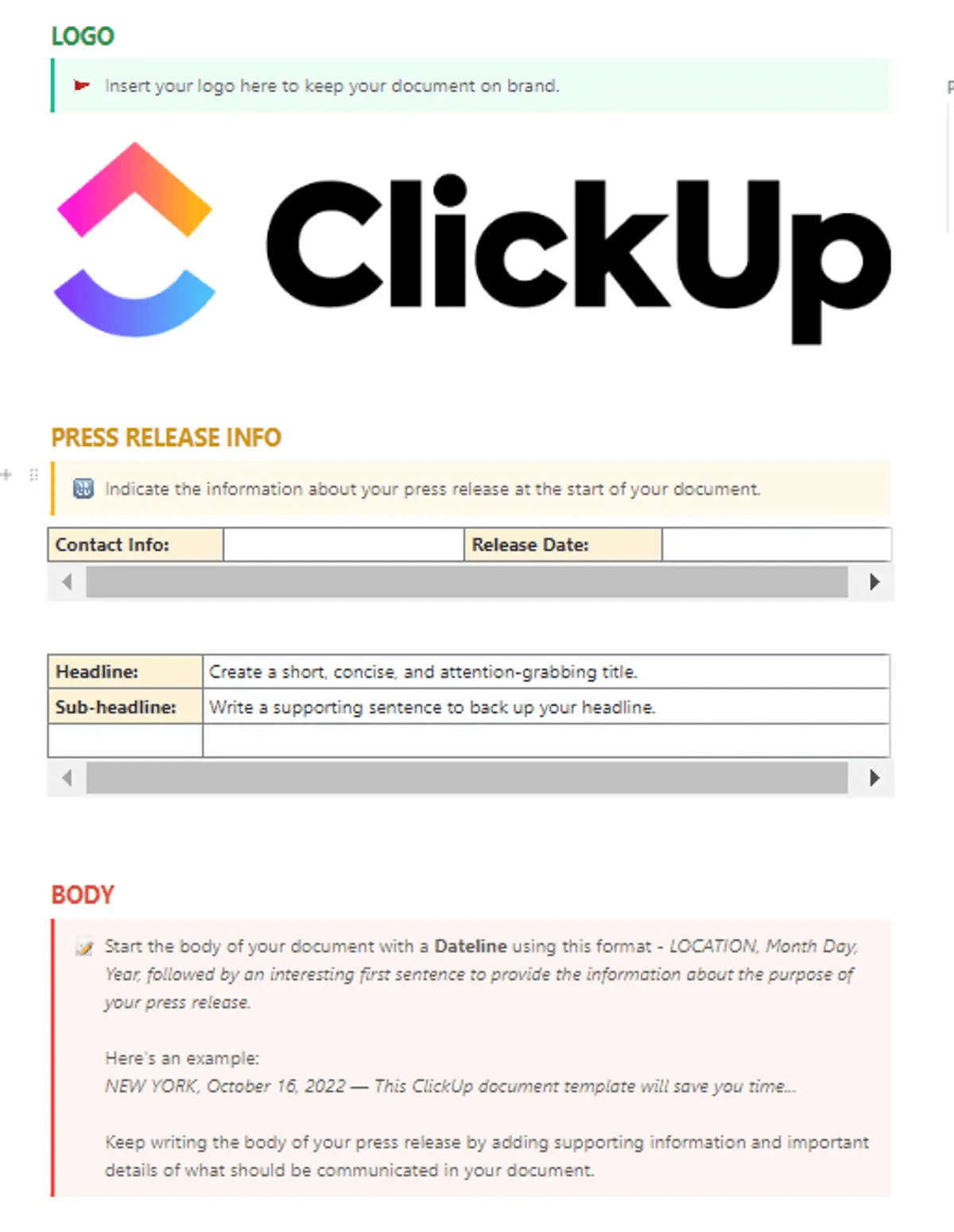 Write and edit your written material effortlessly using ClickUp’s Writing Template