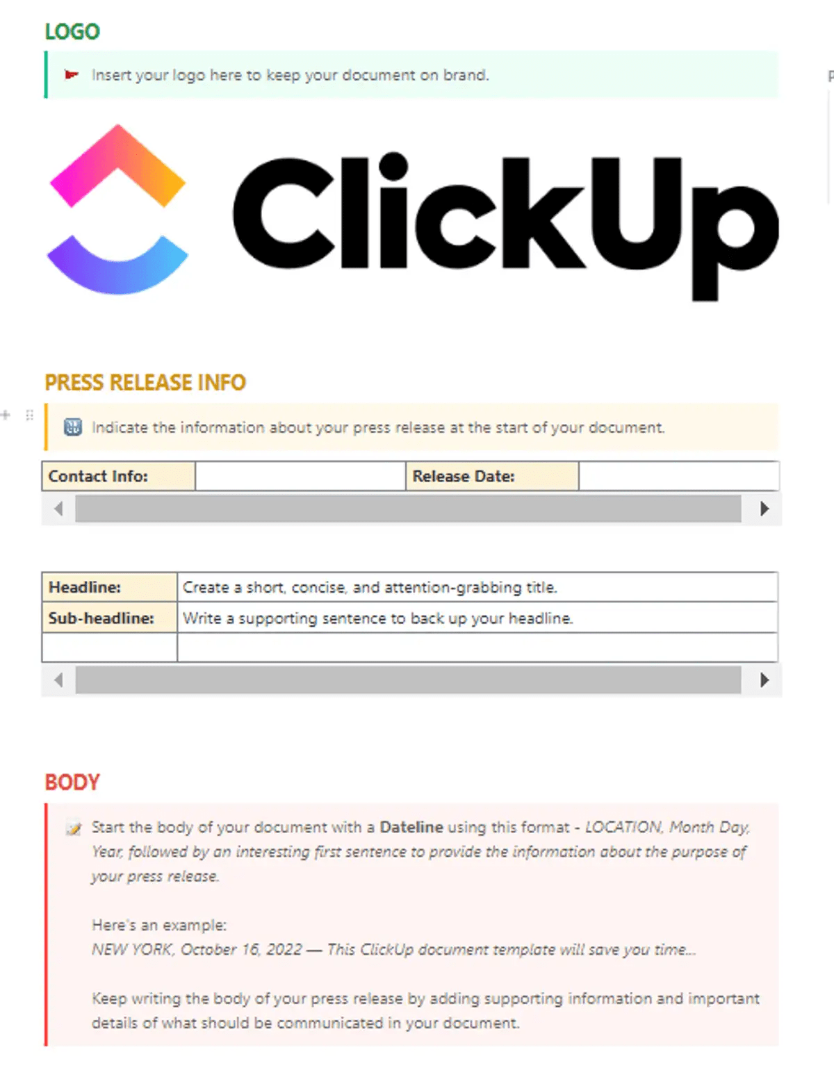 Escreva e edite seu material escrito sem esforço usando o Writing Template do ClickUp