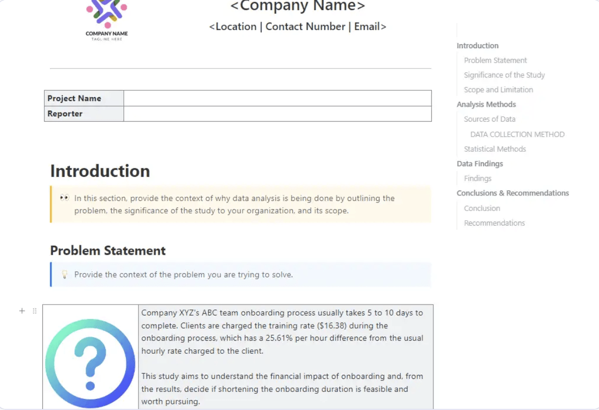 Organize exit interview data and present them in a visually appealing manner using the ClickUp Data Analysis Findings Template