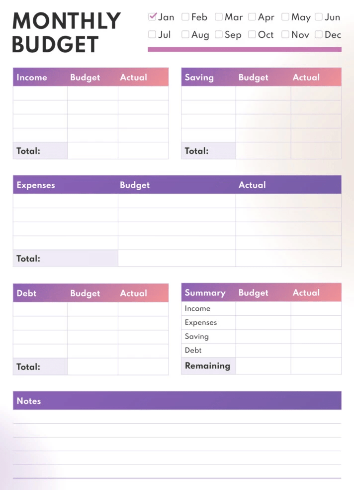 Simple monthly budget template