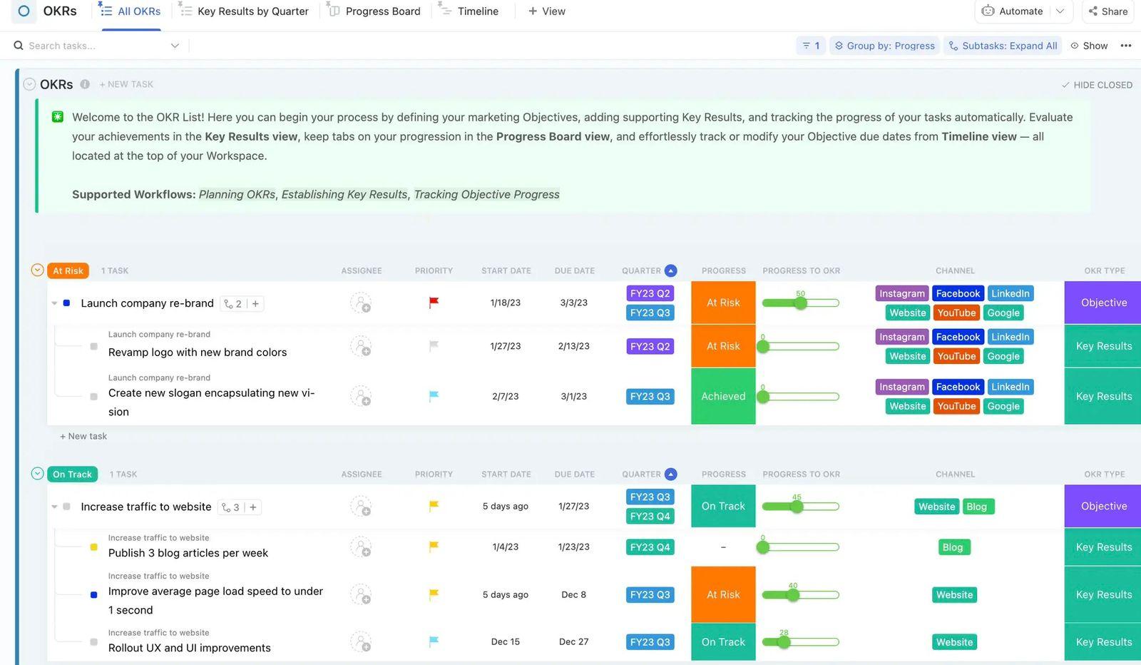 Defina y realice el seguimiento de sus OKR, diseñe una matriz de carrera profesional, configure tareas de incorporación y cree POE con la plantilla de operaciones de equipos de marketing de ClickUp