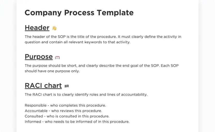Create tasks with custom statuses to keep track of the progress of each process with the ClickUp Company Processes Document Template