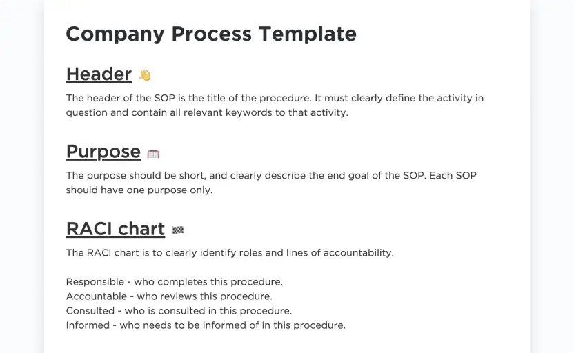 Crie tarefas com status personalizados para acompanhar o progresso de cada processo com o modelo de documento ClickUp Company Processes