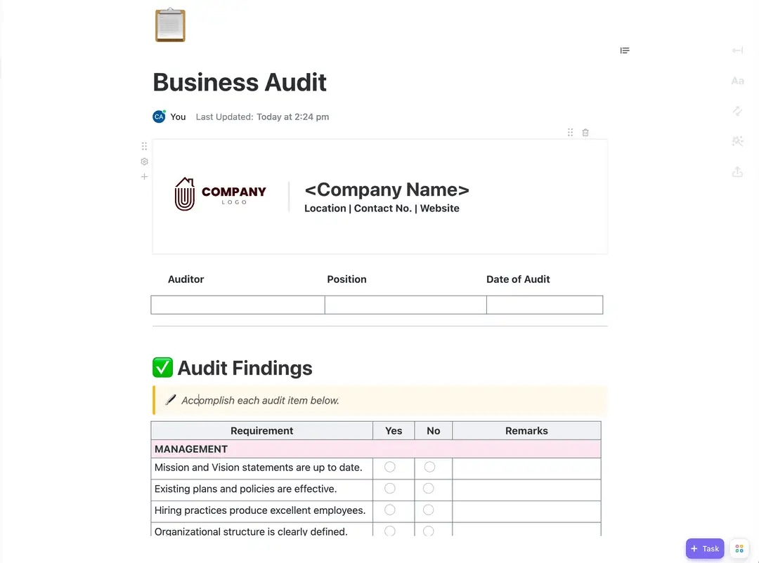 ClickUp Business Audit Doc Templateで既存のプロセスや慣行を分析し、効率化を図りましょう。