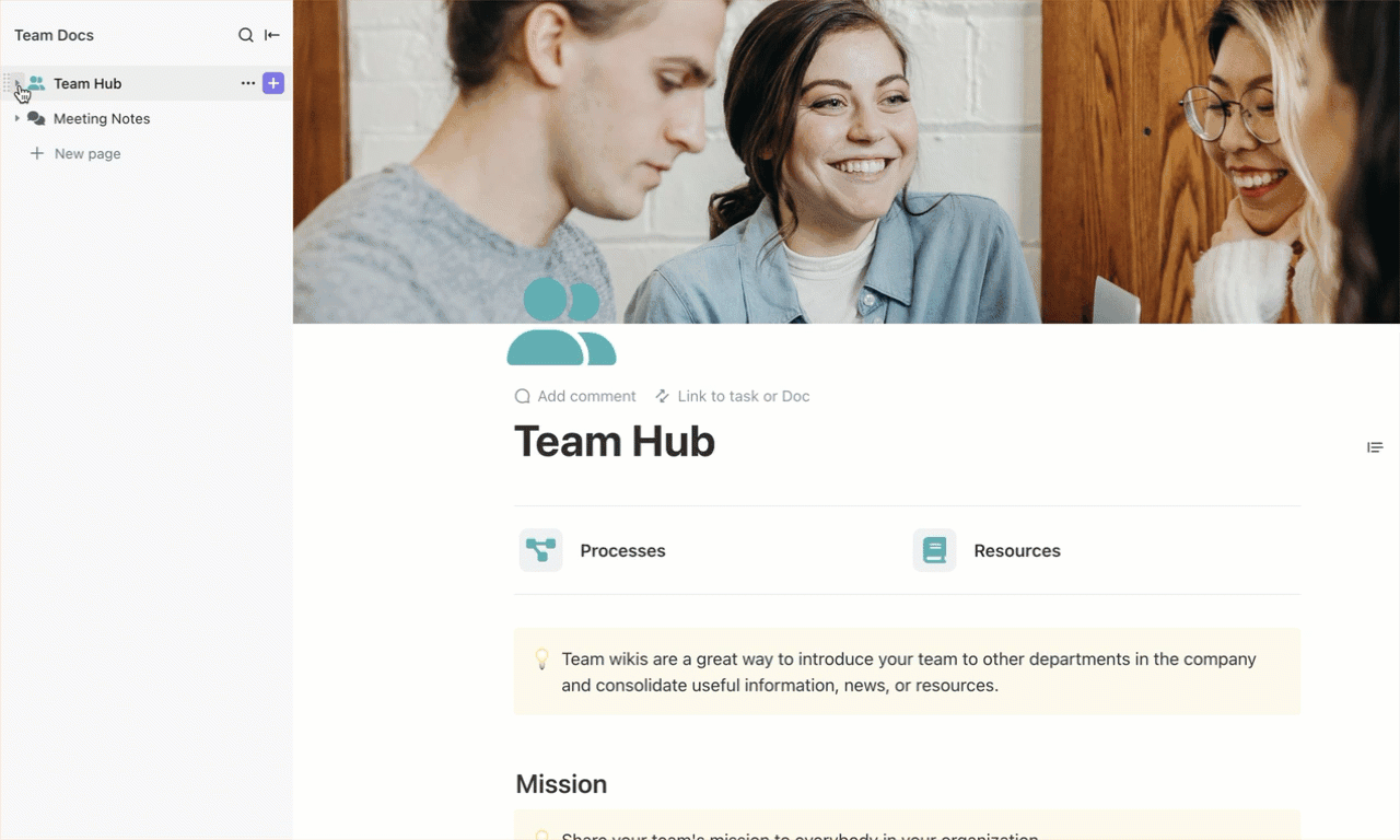 Colaboração eficiente em equipe e gerenciamento de conhecimento com o ClickUp Team Docs Template