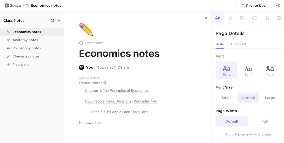 Customize your college notes with useful formatting options with ClickUp’s Class Notes Template