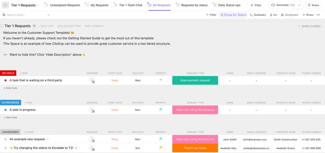 Simplify the process of managing customer tickets using ClickUp’s Customer Support Template