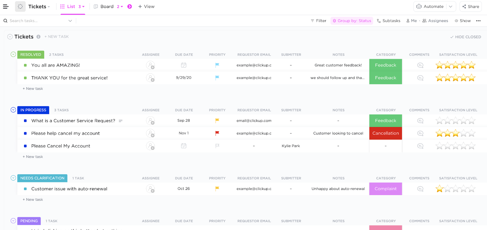 Monitor incoming customer support tickets with ClickUp’s Customer Service Management Template