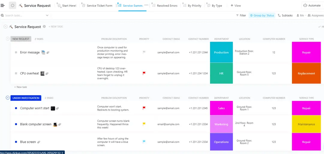 ClickUp’s Service Request Template is designed to help you keep track of service requests and provide a better customer experience. 