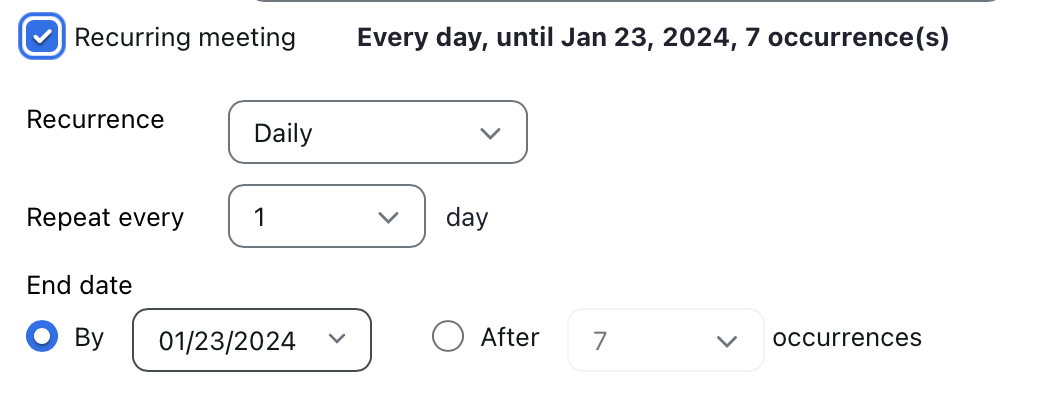 Creating a recurring meeting on Zoom.