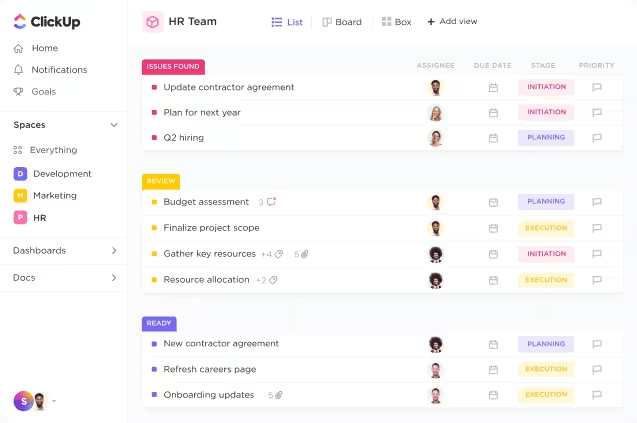 Plataforma de gerenciamento de RH da ClickUp