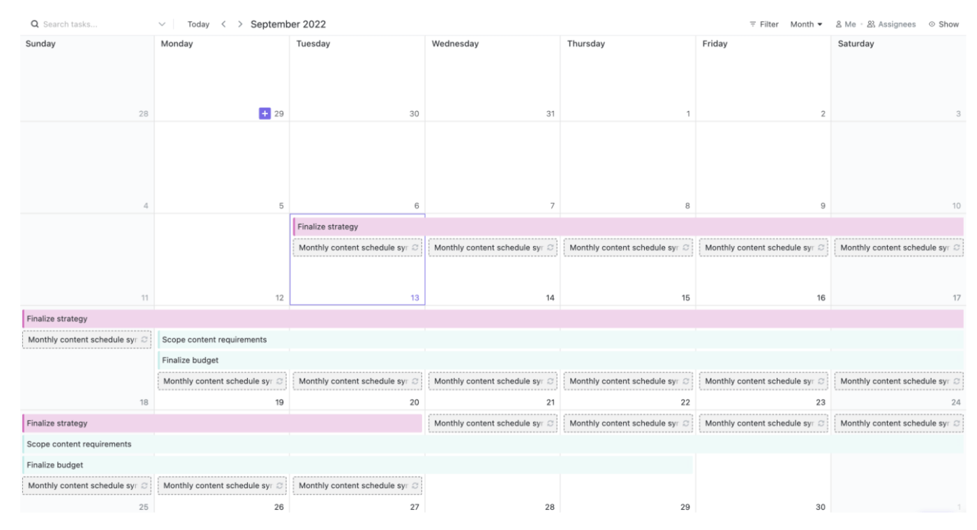 La visualizzazione del calendario di ClickUp