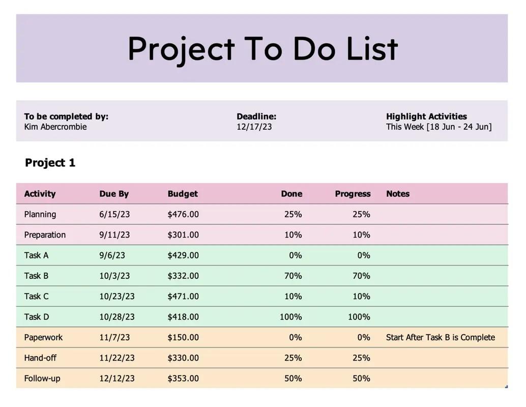 Excel Project To Do List Template