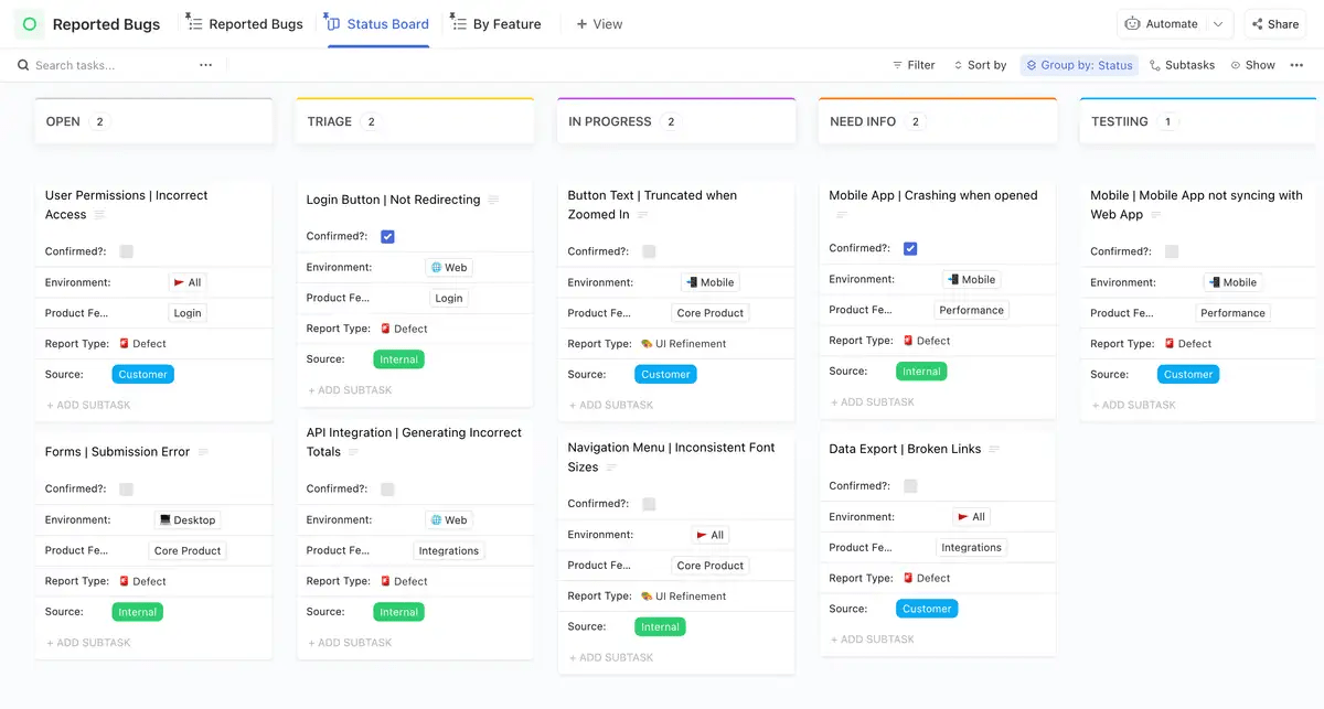 Mettez en place votre système de suivi des bugs en quelques paramètres en utilisant le modèle de suivi des bugs et des problèmes de ClickUp