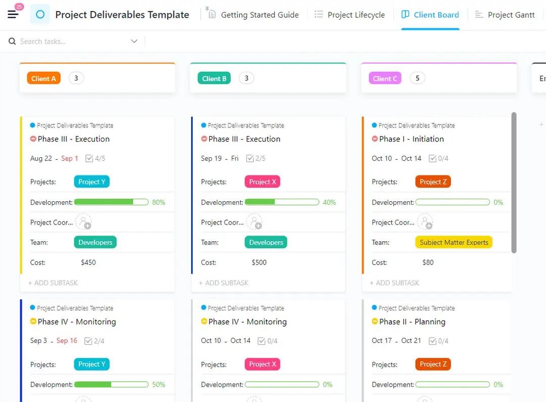 Gebruik de ClickUp Project Deliverables Template om de projectomvang te definiëren en efficiënt middelen toe te wijzen