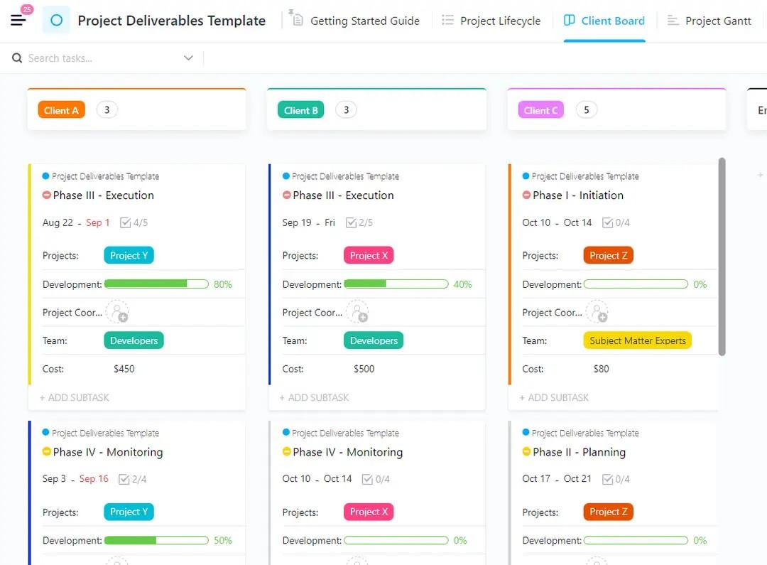 Utilisez le modèle ClickUp Project Deliverables Template pour définir la portée du projet et allouer les ressources de manière efficace