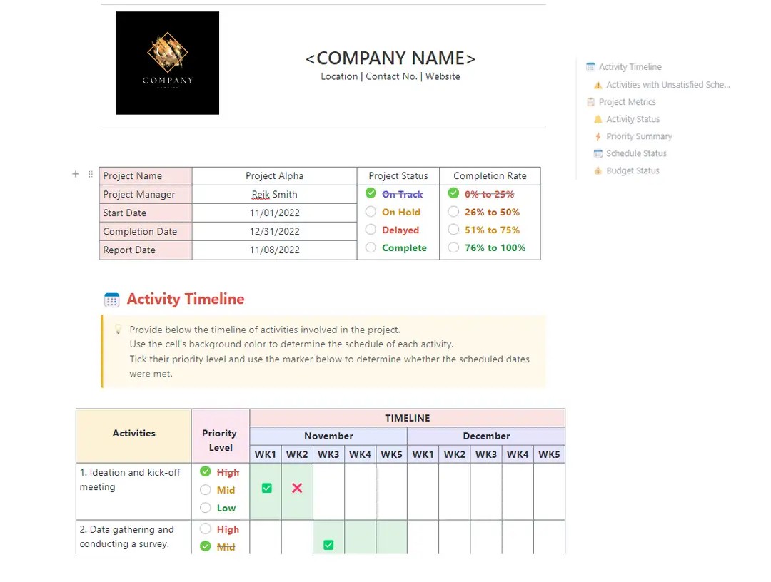 ClickUp Project Reporting Templateを使って、ステークホルダー、コミュニケーション、パフォーマンスモニタリング、戦略的意思決定のための鮮明なレポートを作成しましょう。