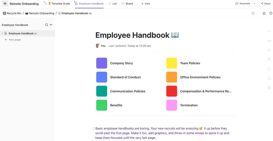 Set up your remote onboarding process easily with ClickUp’s Remote Onboarding Template