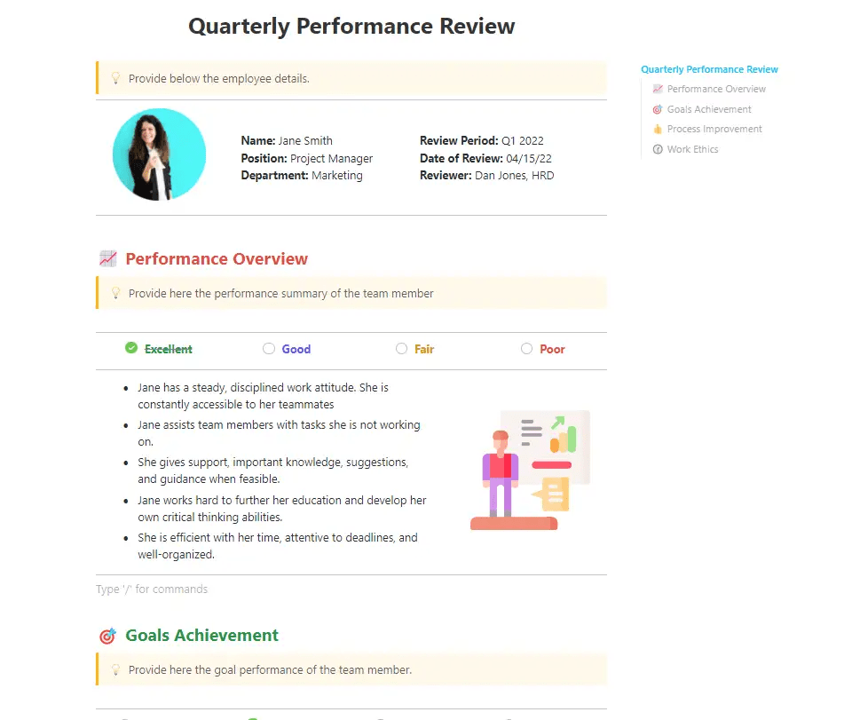 Track performance metrics, present constructive feedback to employees, and monitor progress with the ClickUp Quarterly Performance Review Template 