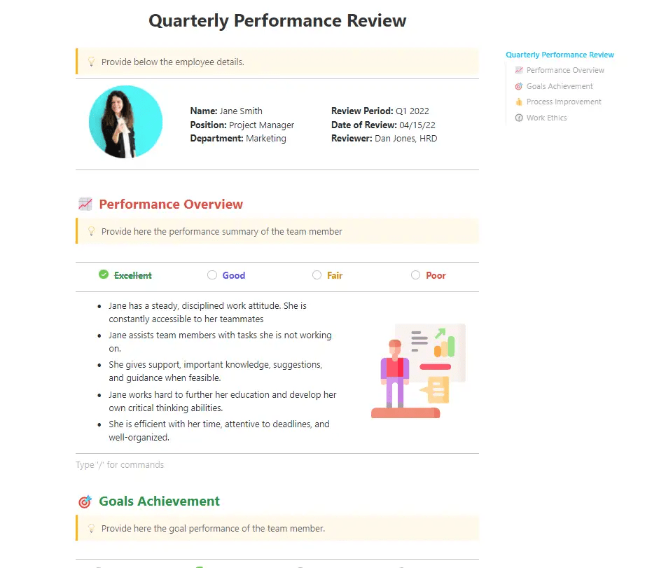 ClickUp's Quarterly Performance Review Template is designed to help you keep track of performance reviews for your team. 