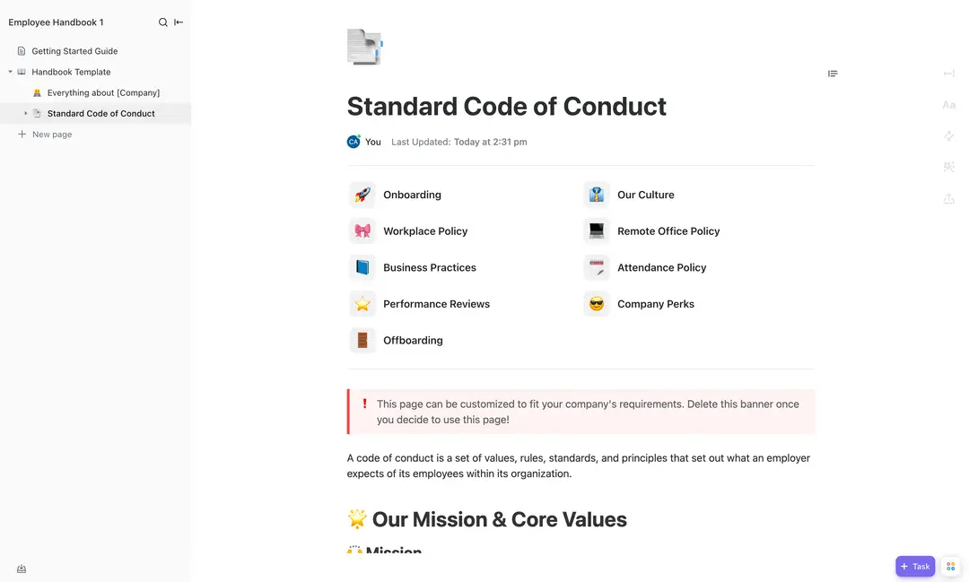 Create and give access to a one-stop-shop employee handbook to all your employees with the ClickUp Employee Handbook Template