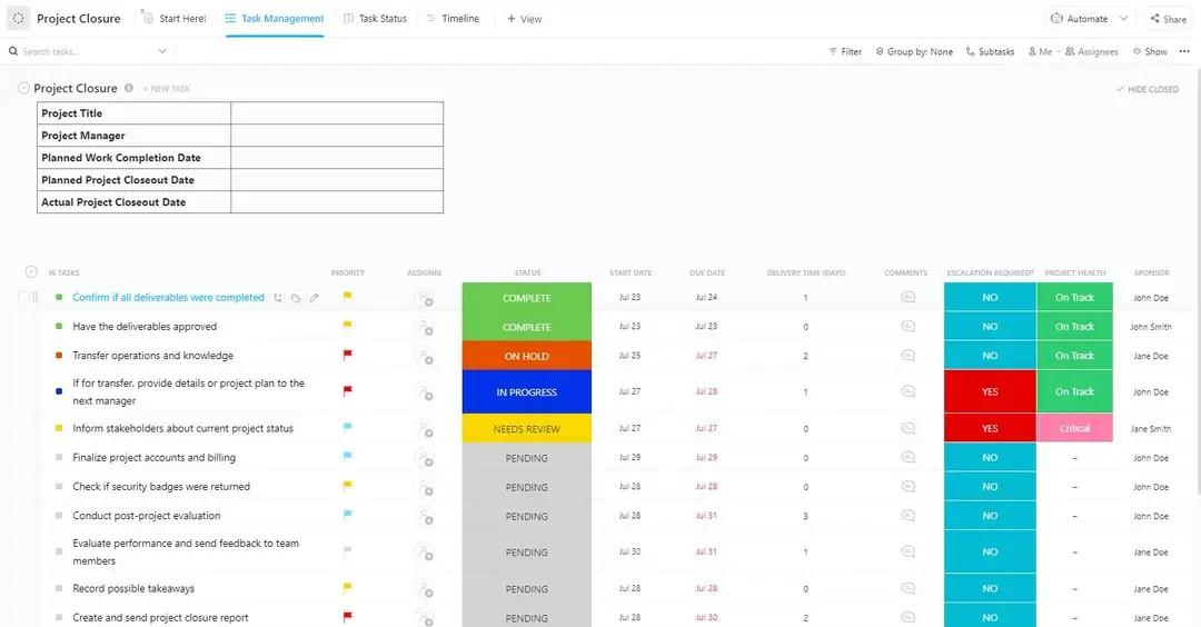 Skorzystaj z szablonu ClickUp Project Closure Template, aby ocenić wskaźnik powodzenia projektu na podstawie różnych wskaźników