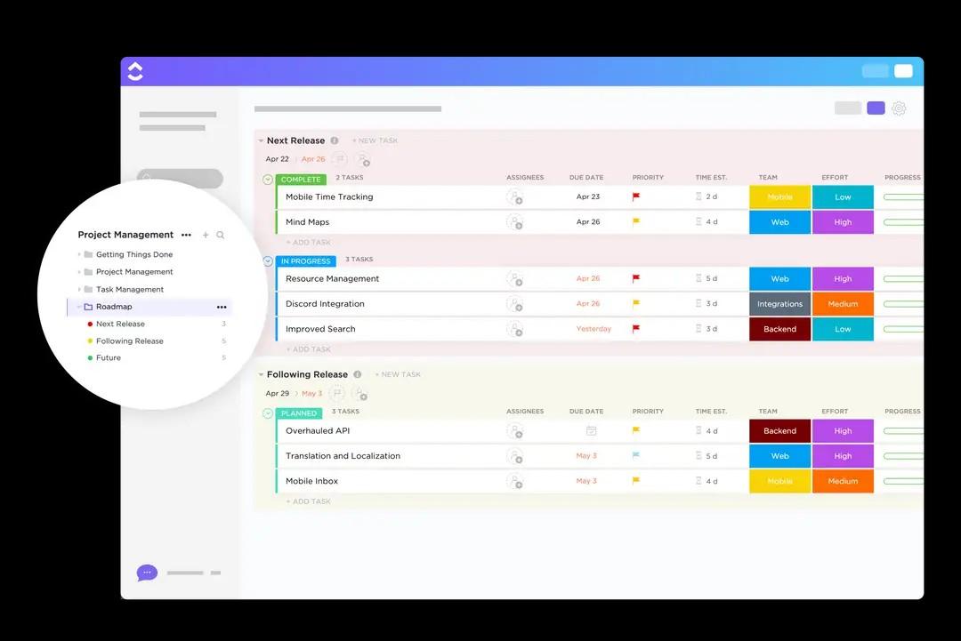 Erreichen Sie Ihre Projektziele, indem Sie Ihrem Projekt Struktur und Richtung geben - mit dem ClickUp Project Roadmap Template