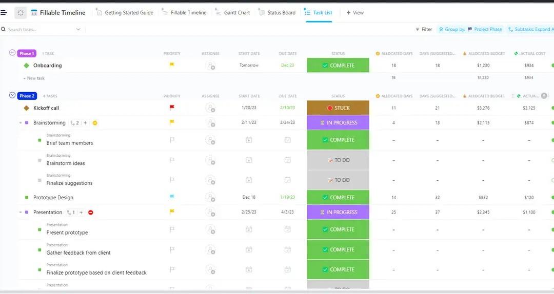 Utilisez le modèle de chronologie à remplir ClickUp pour visualiser et suivre facilement la chronologie d'événements et de projets