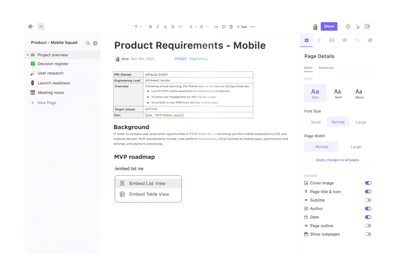 Outil de gestion de projet de l'équipe logicielle de ClickUp