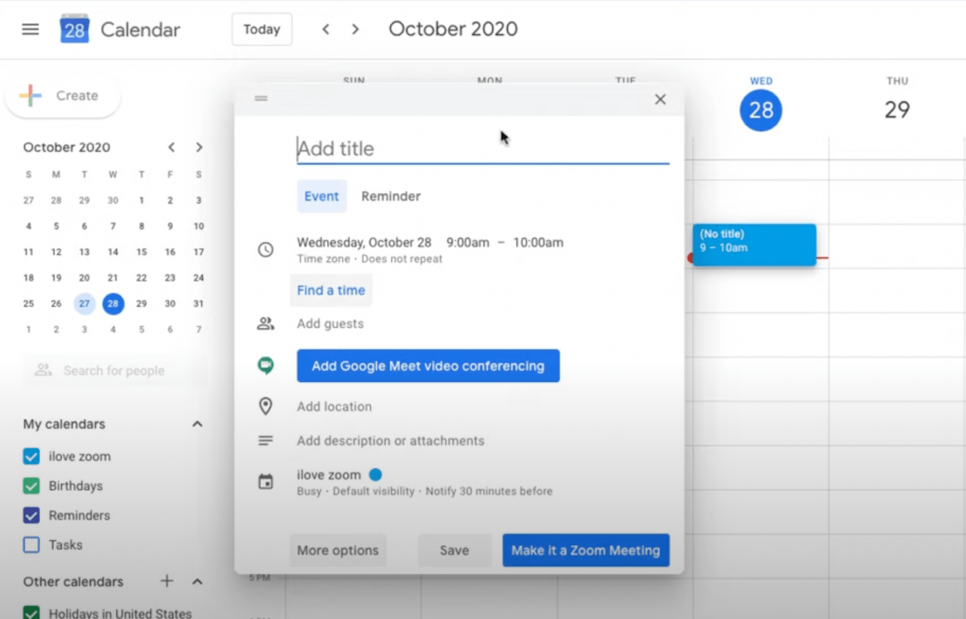 Menyiapkan rapat Zoom melalui Google Kalender