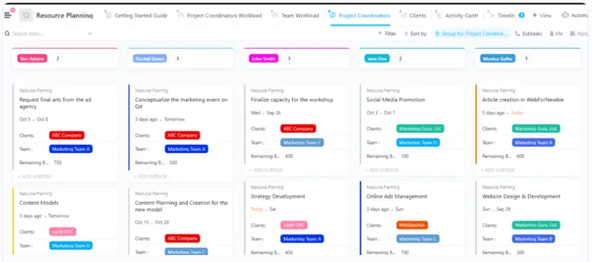 Realoque e visualize recursos de forma conveniente usando o modelo de planejamento de recursos do ClickUp