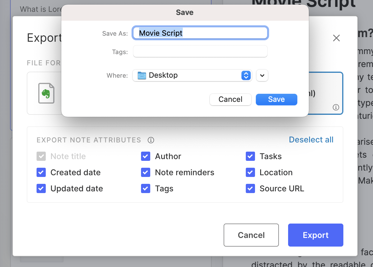 comment exporter à partir d'Evernote : Enregistrer un fichier sur Evernote