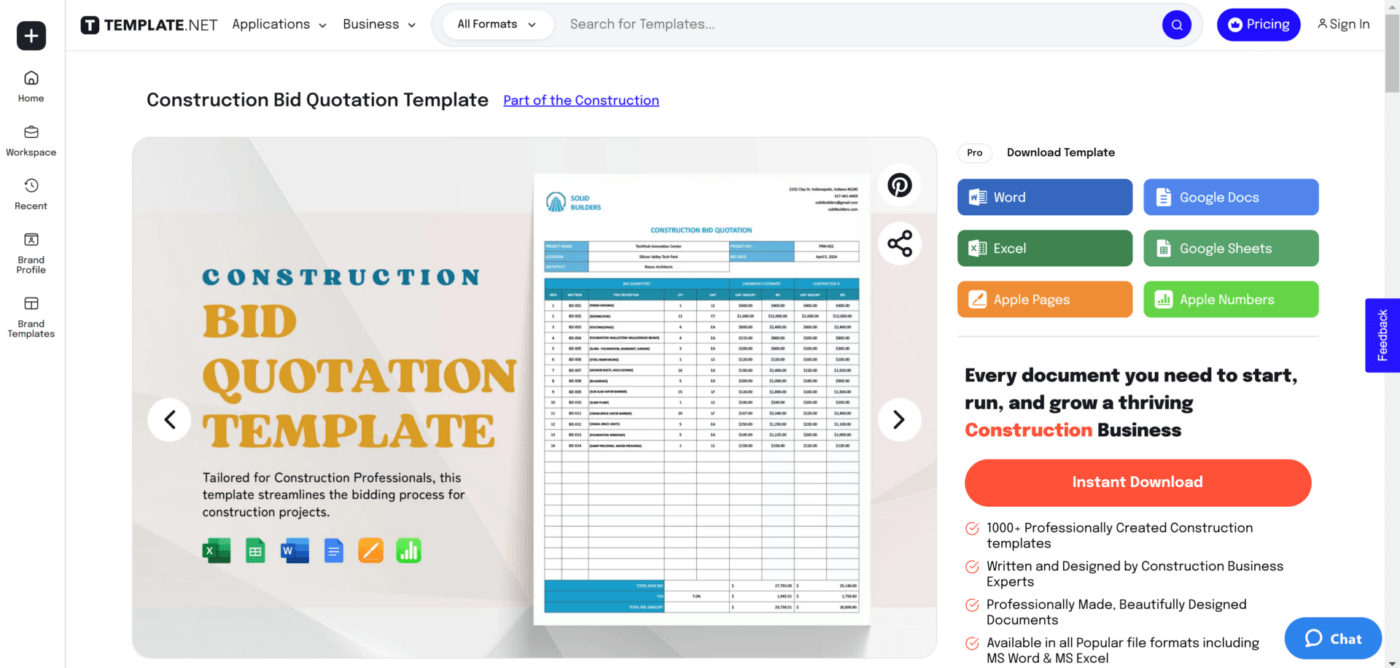 Um modelo de cotação de licitação de construção da Template.net