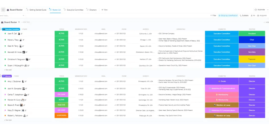 O modelo de lista de membros da diretoria do ClickUp