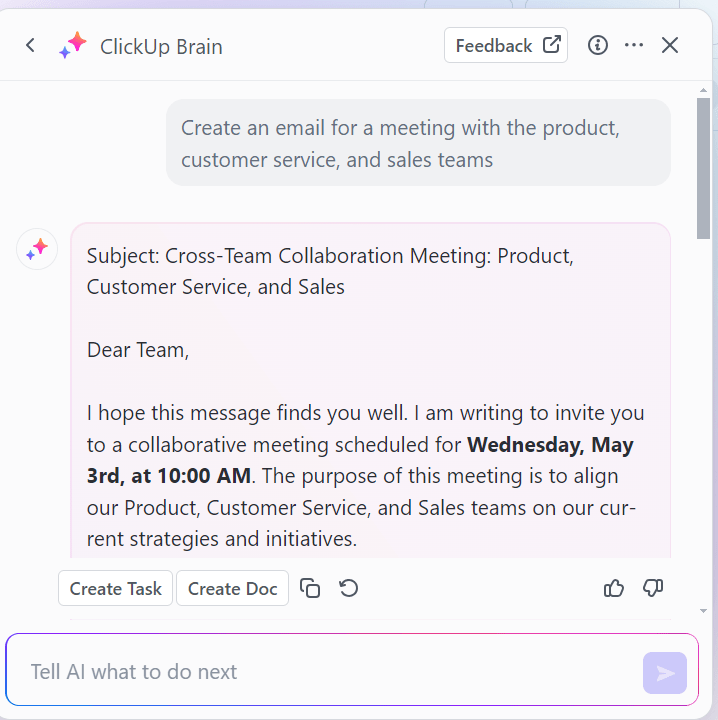 Email generation with ClickUp Brain