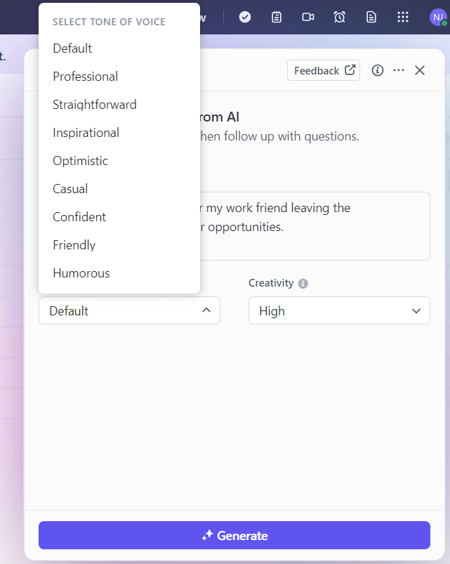 Tone of voice options on ClickUp Brain