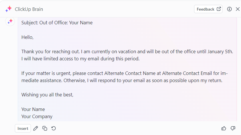 ClickUp Brain for writing an out of office message