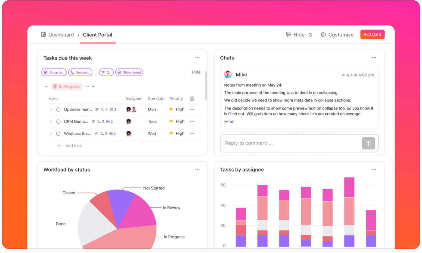 Esempio di dashboard del portale client di ClickUp