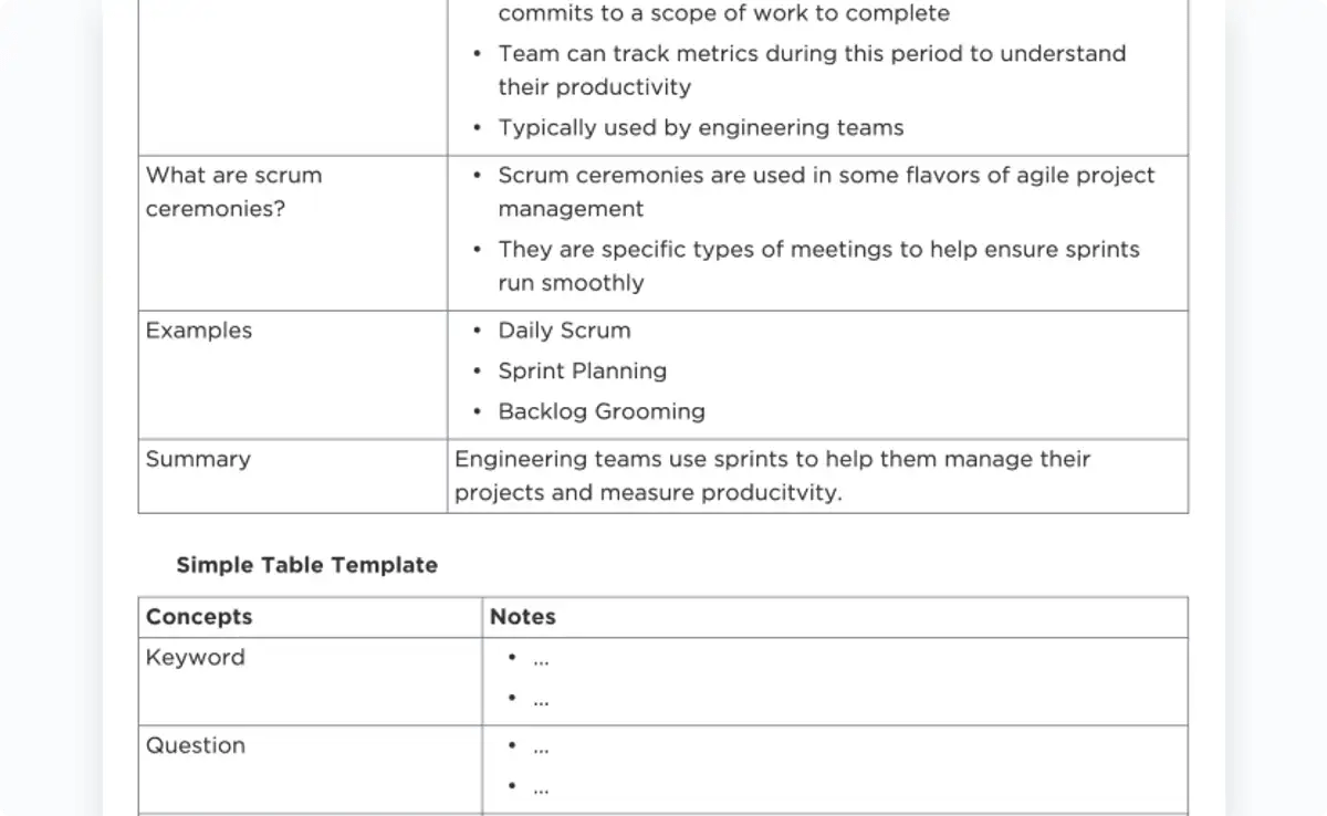 Take notes as per the Cornell Method using the ClickUp Cornell Notes Template