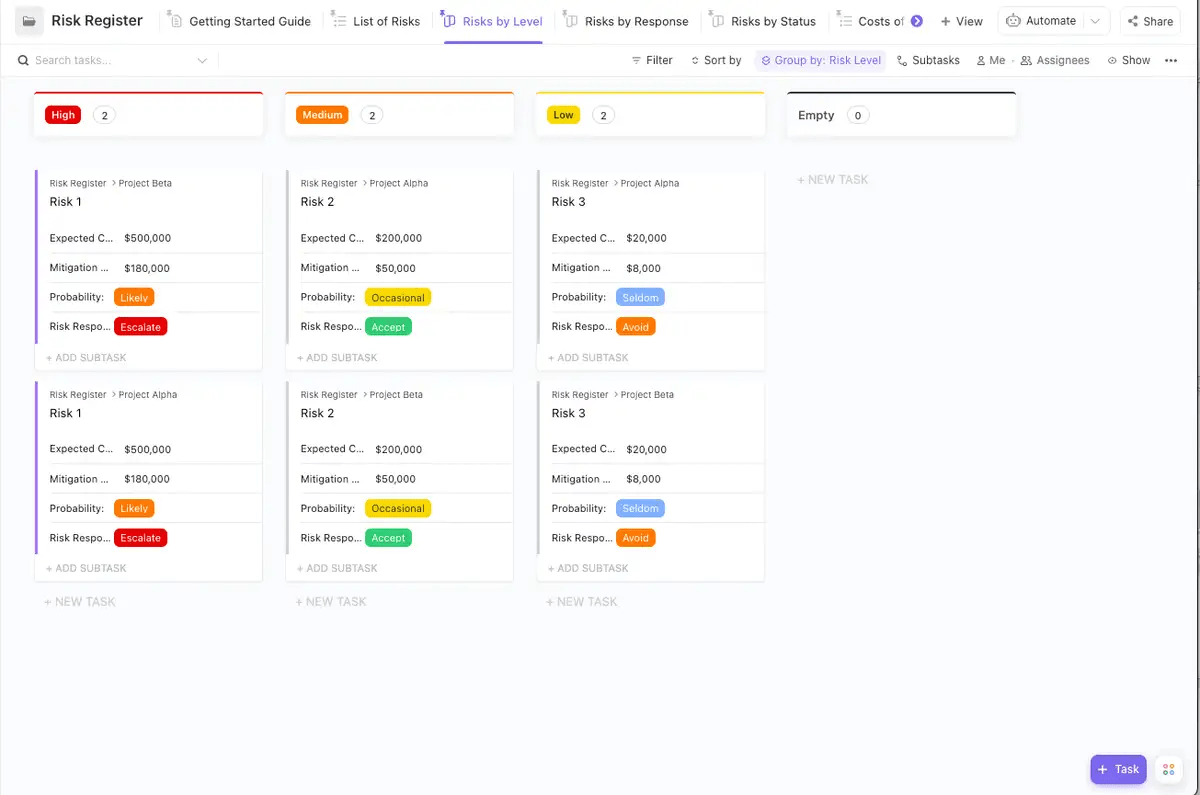 Cartographiez et gérez tous vos risques en les catégorisant correctement à l'aide du modèle de registre des risques Clickup