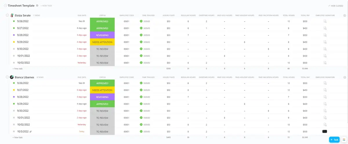 Seamlessly track client projects with the ClickUp Services Timesheet Template