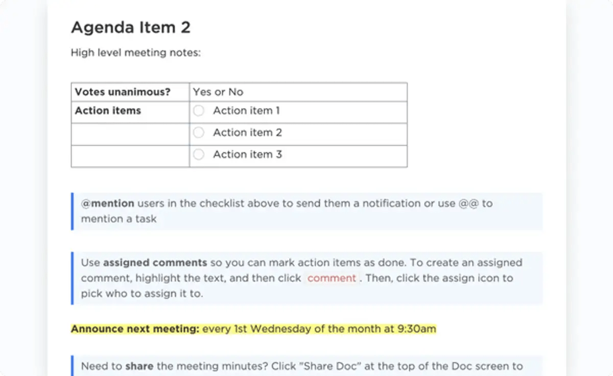 Capture key talking points in an instant with ClickUp's Shareholder Meeting Minutes Template