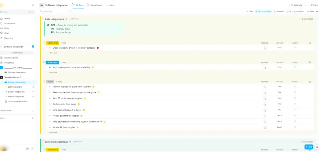 Manage connections between different software solutions and all integration-related tasks in one place with ClickUp's Software Integration Template