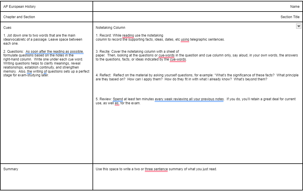 Google Docs Cornell Notes Template