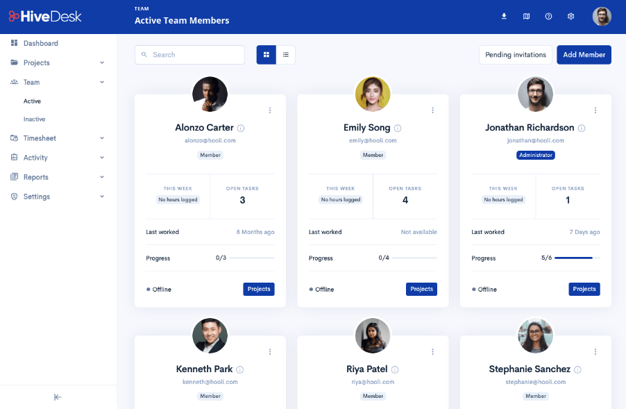 HiveDesk Time Tracking Software Dashboard