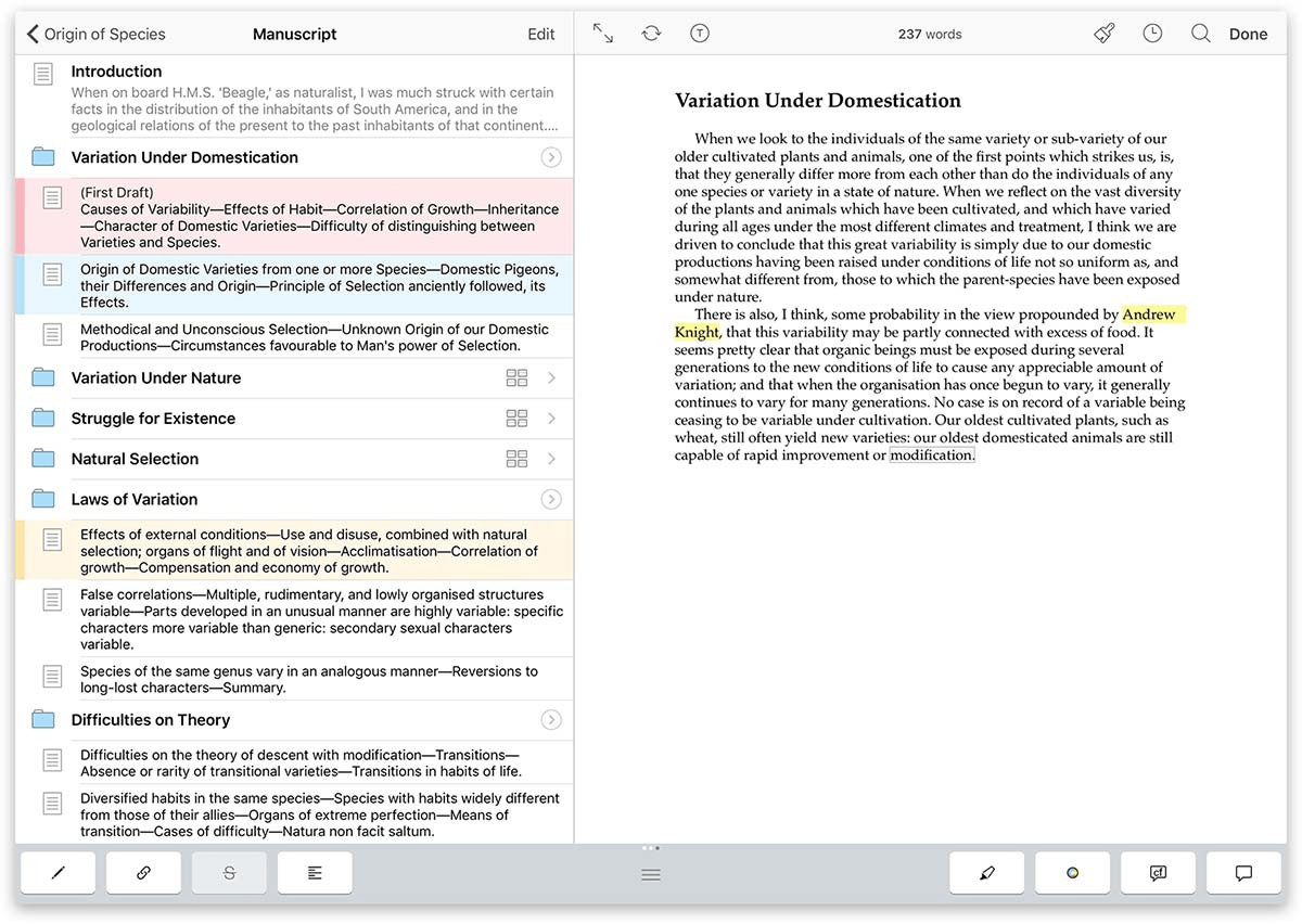 Panoramica del manoscritto su Scrivener